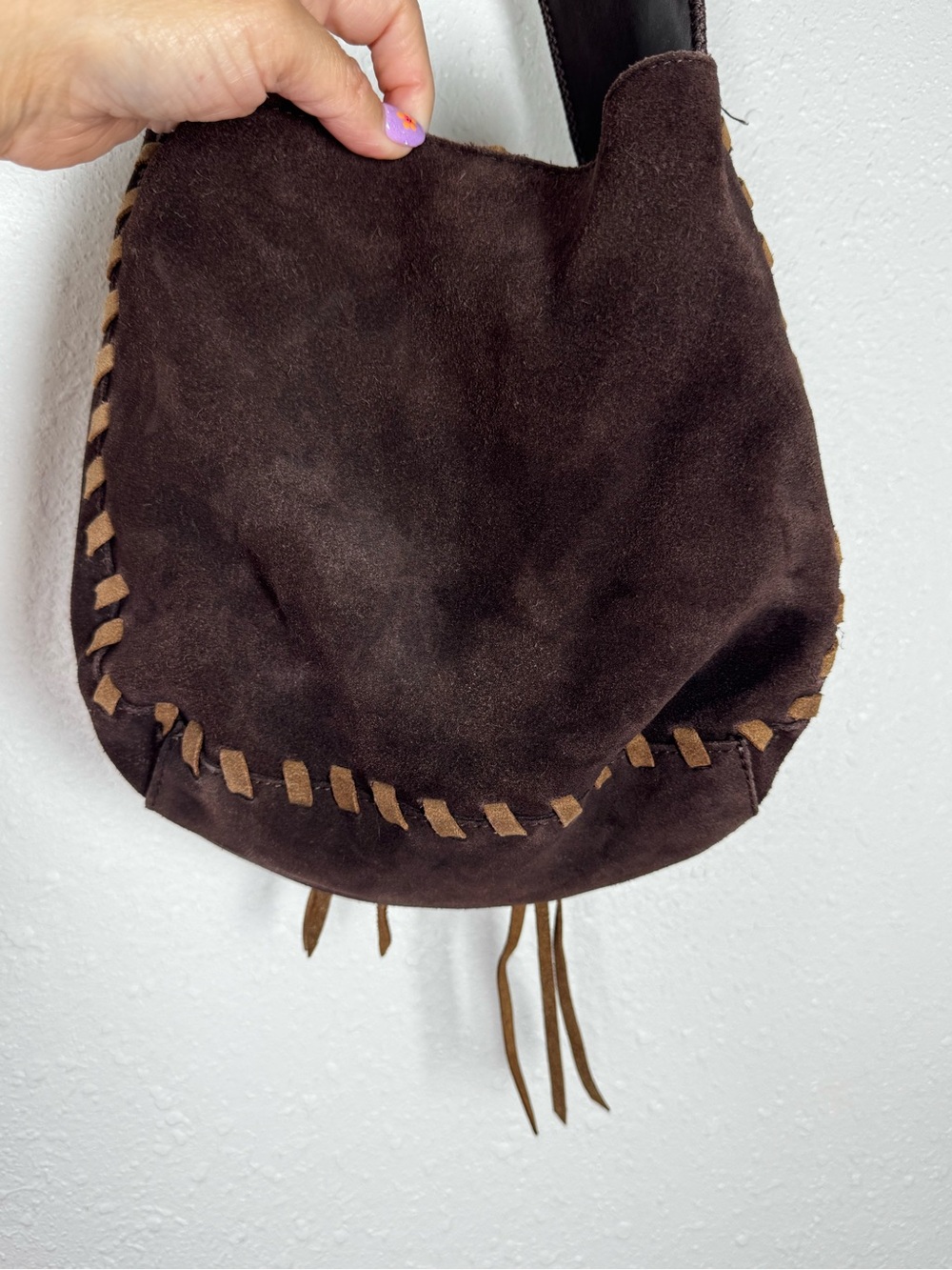 ⁠Y2K Express Brown Genuine Suede Leather Whipstitch Floral Flower Hobo Bag - Picture 5 of 11